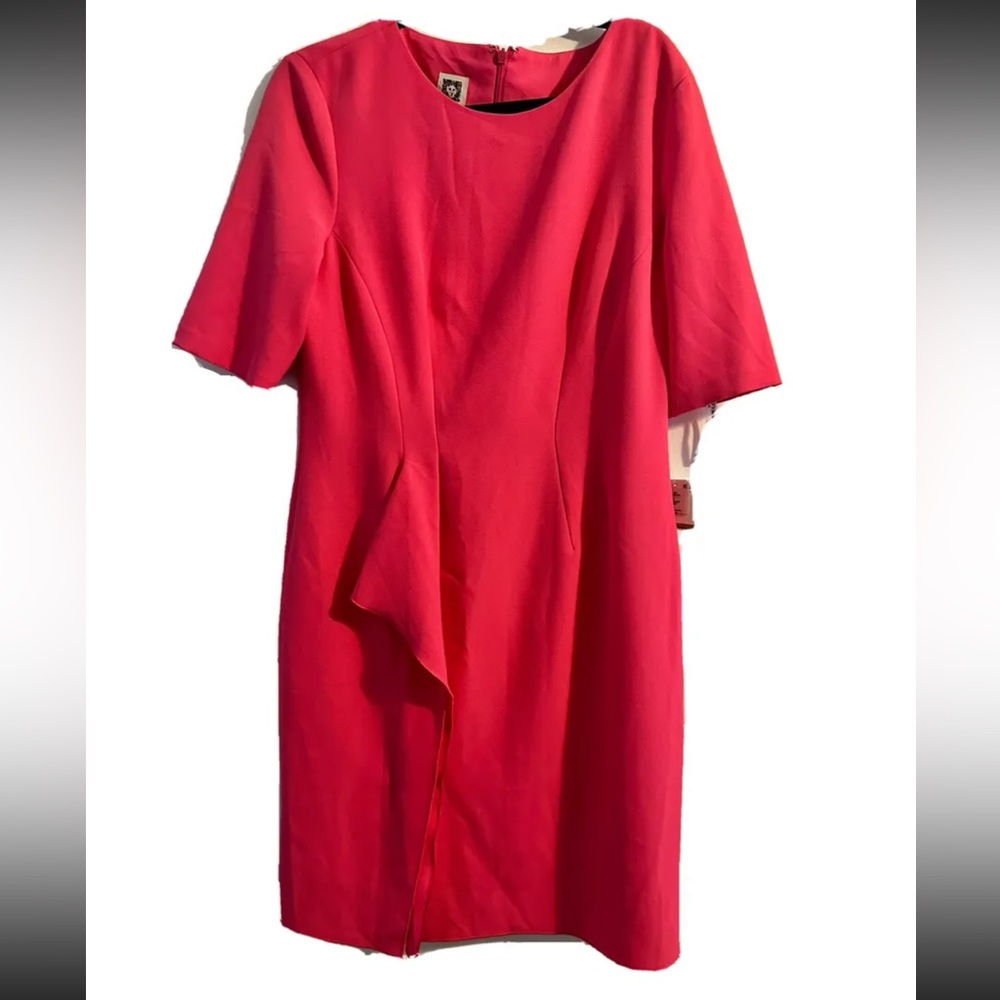Anne Klein Sheath Dress Short Sleeve  Ruffle Front US 14 NWT Slit  Pink